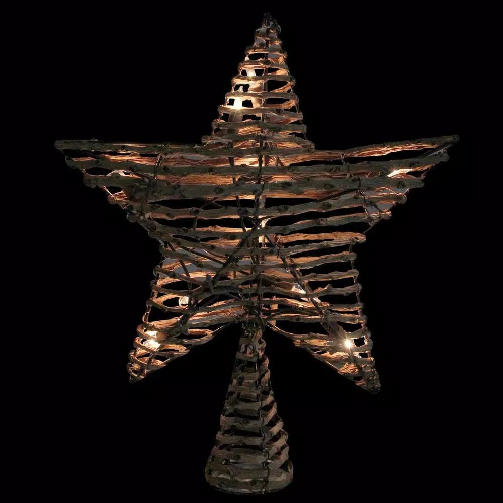 Northlight 11.5 in. Natural Brown Rattan Star Christmas Tree Topper with Clear Mini Lights