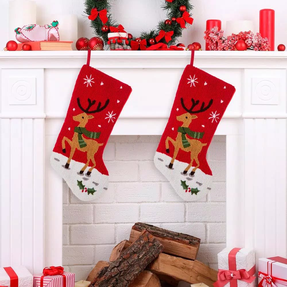 Glitzhome 20 in. Reindeer Hooked Christmas Stockings, Polyester and Acrylic Handcrafted Decor (2-Pack)