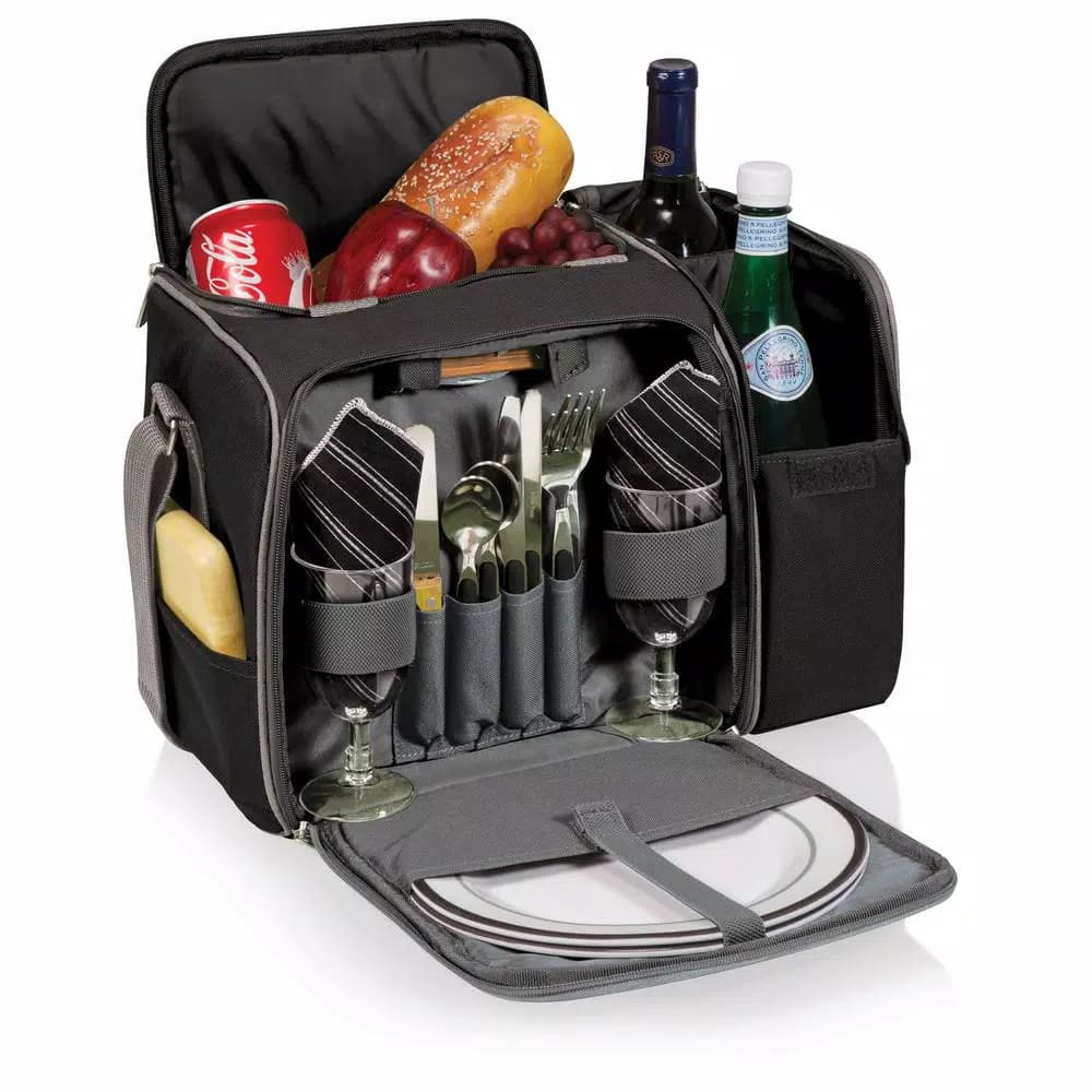 Picnic Time Malibu Black Wood Picnic Cooler Tote - Insulated Picnic Set for Two
