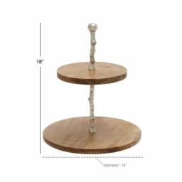 LITTON LANE 2-Tiered Round Mango Wood and Aluminum Tray Stand, Oak Finish thumbnail 5