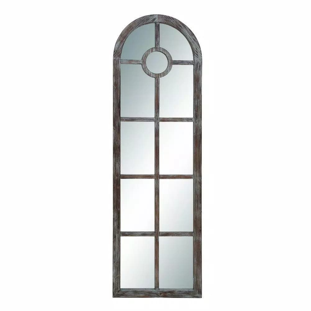 LITTON LANE Hayes Oversized Arch Distressed Brown Wood Window Mirror (72 in. x 23 in.)