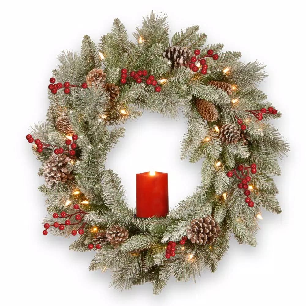 National Tree Company 24 in. Snowy Bristle Berry Wreath with 50 LED Lights and Remote Controlled Flickering Candle