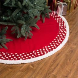 Glitzhome 48 in. Red and White Polka Dot Pompom Fabric Christmas Tree Skirt thumbnail 6