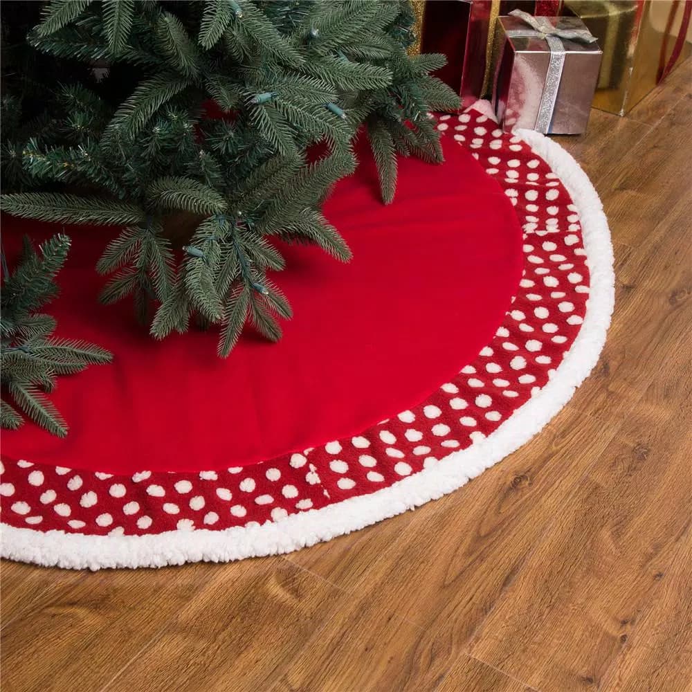Glitzhome 48 in. Red and White Polka Dot Pompom Fabric Christmas Tree Skirt