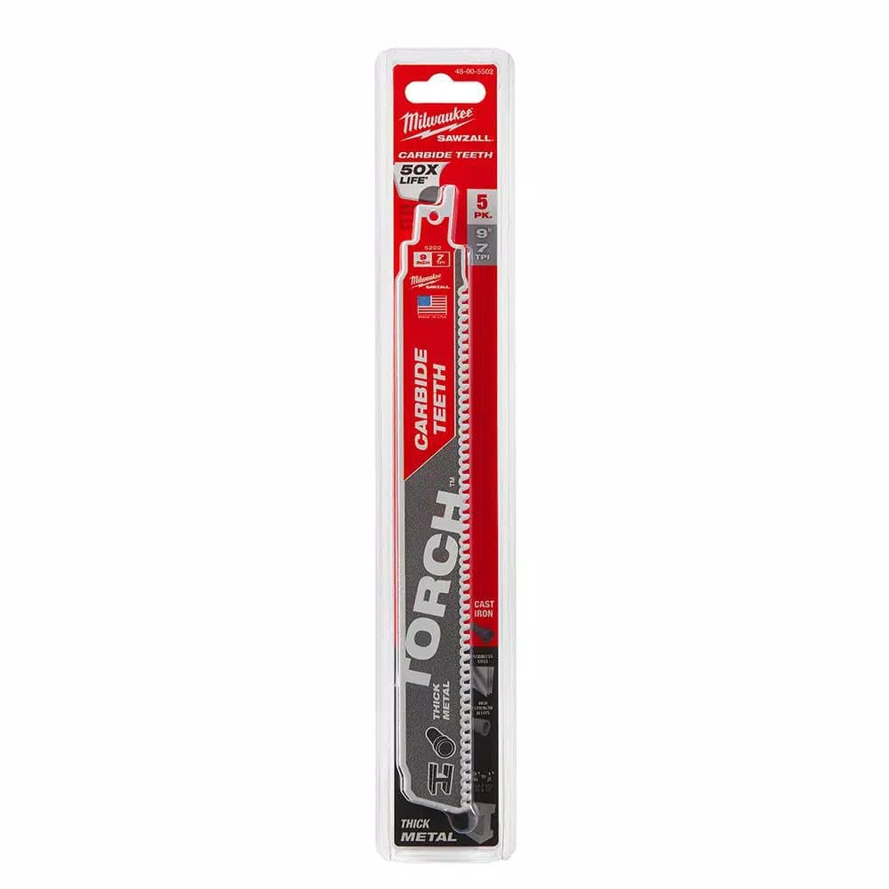 Milwaukee TORCH 9 in. 7 TPI Carbide Teeth Reciprocating Saw Blades for Thick Metal Cutting (5 Pack)