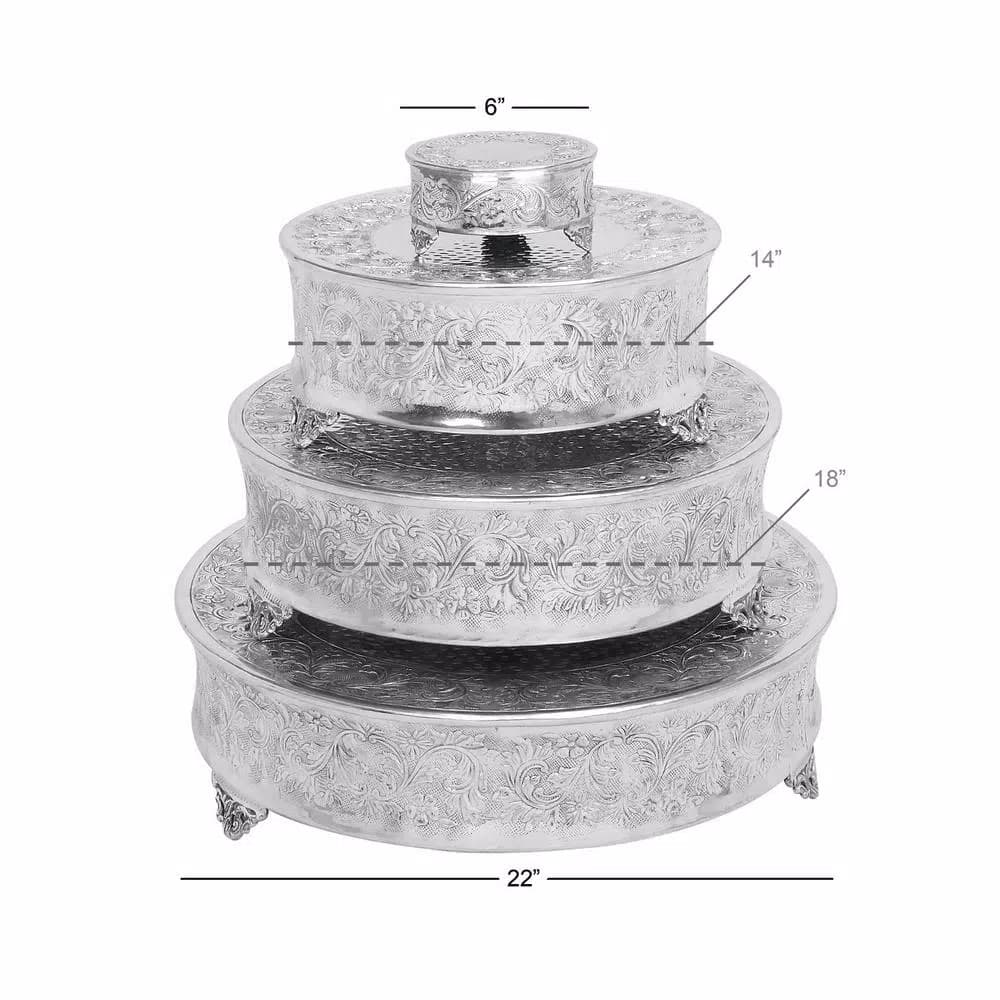 LITTON LANE Silver Aluminum Round Cake Stand Set of 4 with Floral Vine Design