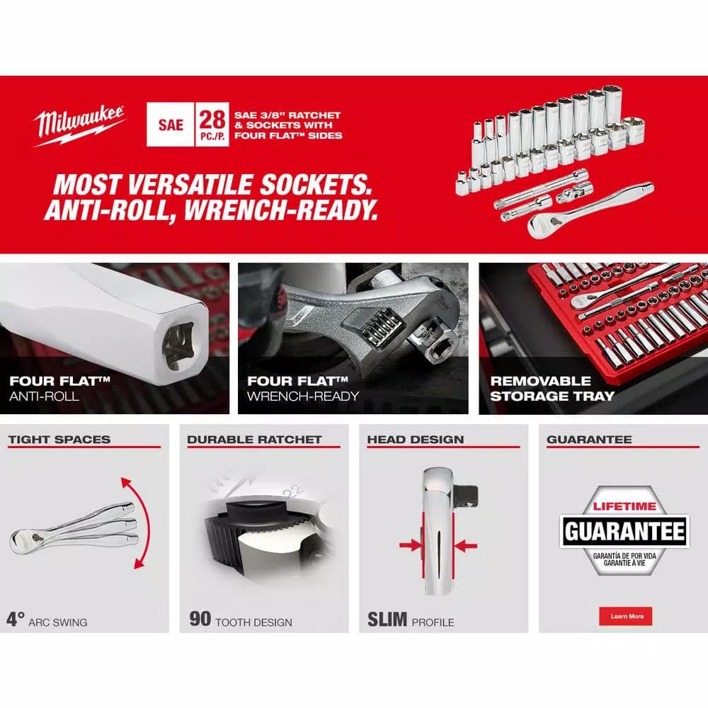 Milwaukee 3/8 in. Drive SAE Ratchet and Socket Set with PACKOUT Compact Organizer, 28-Piece