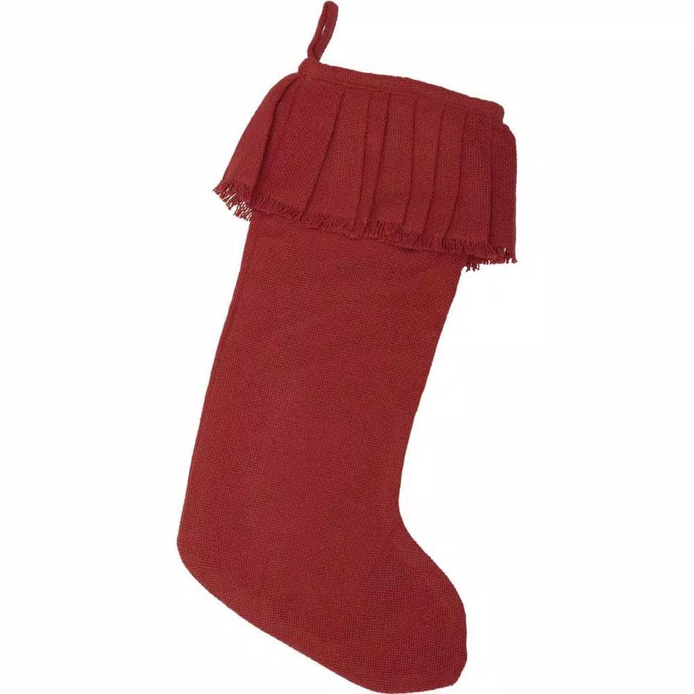 VHC Brands 20 in. Red Cotton Burlap Ruffled Christmas Stocking - Farmhouse Holiday Decor