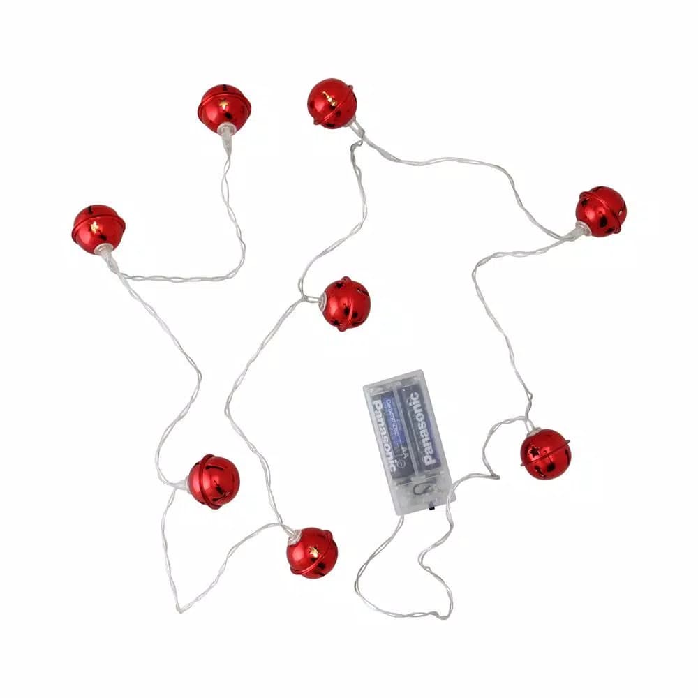 Northlight 8-Light Red LED Jingle Bell Christmas String Lights with Star Cut-Outs, Battery Operated, Clear Wire
