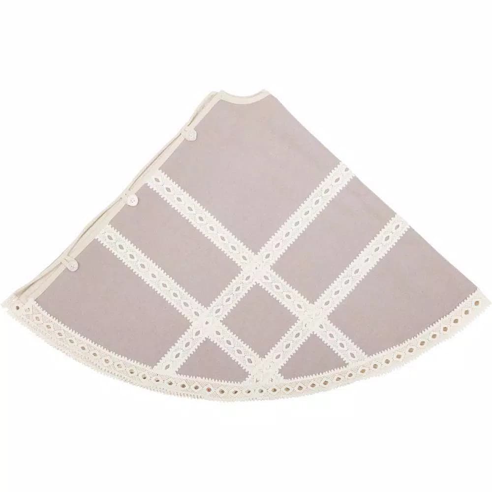 VHC Brands 48 in. Grey Margot Farmhouse Christmas Tree Skirt with Diamond Lace and Chambray