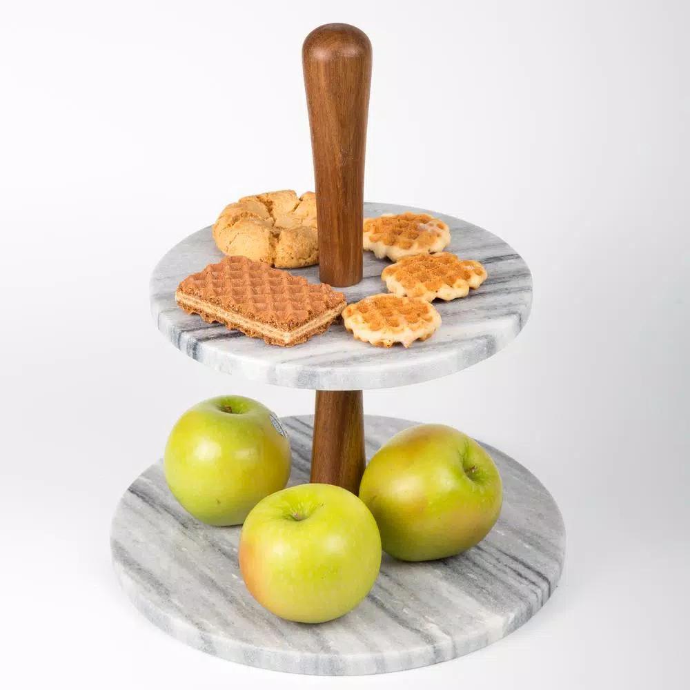 Creative Home 2-Tier Natural Marble and Acacia Wood Cake Dessert Stand, Round Pastry & Fruit Server