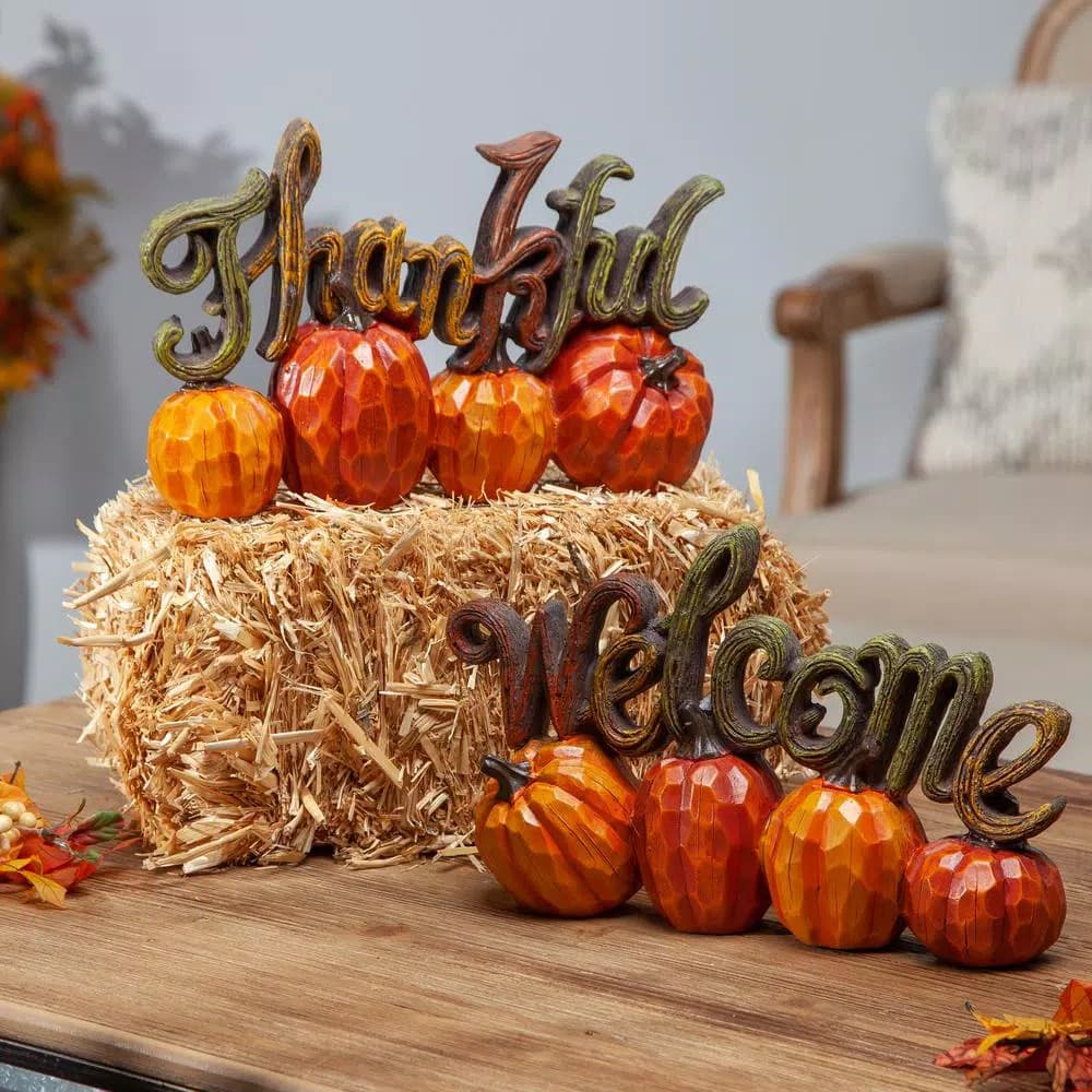 Gerson 6.89 in. Resin Harvest Thanksgiving Pumpkin Tabletop Decor Set of 2 - Thankful & Welcome
