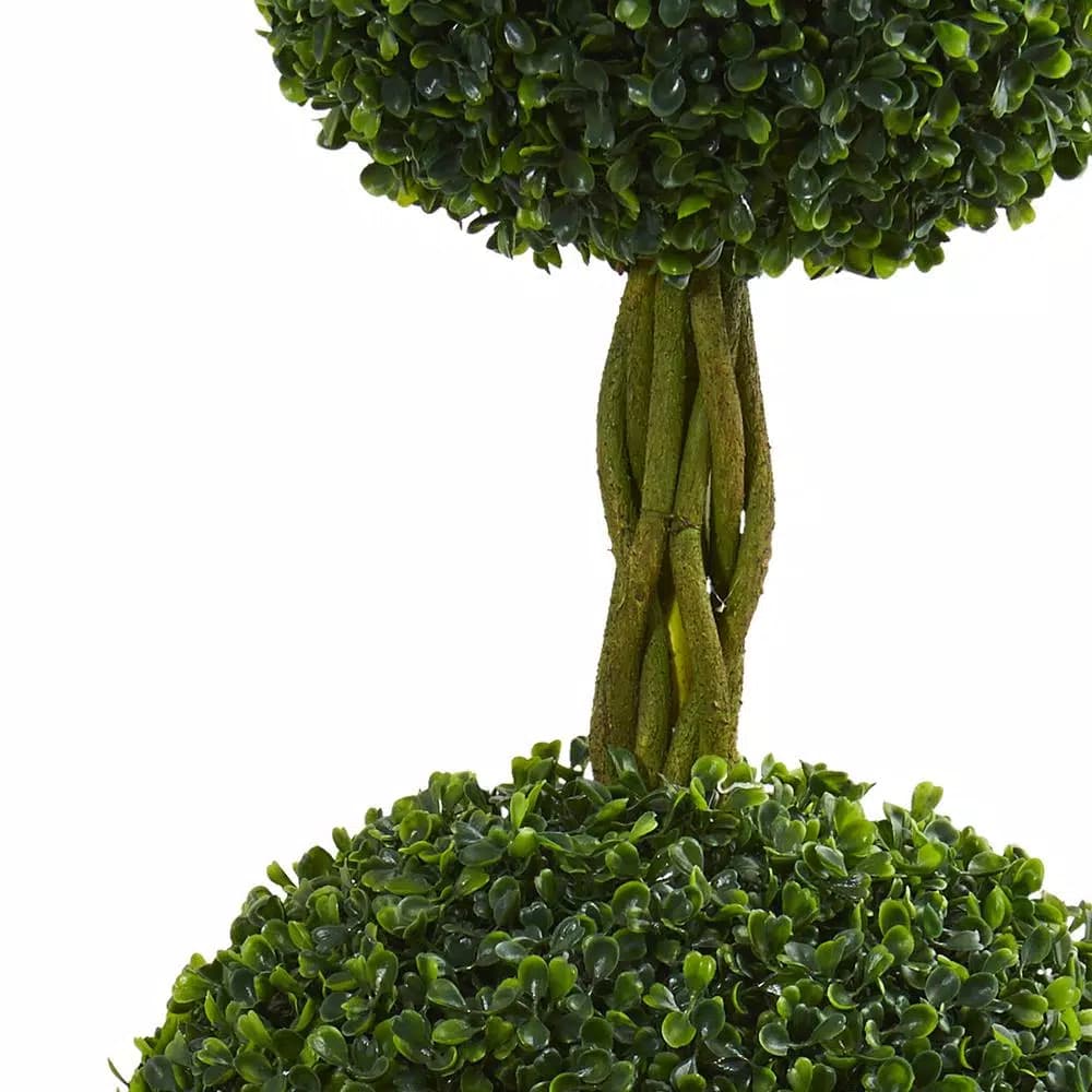 Nearly Natural 5 ft. Artificial Double Ball Boxwood Topiary Tree in Slate Planter with River Rocks