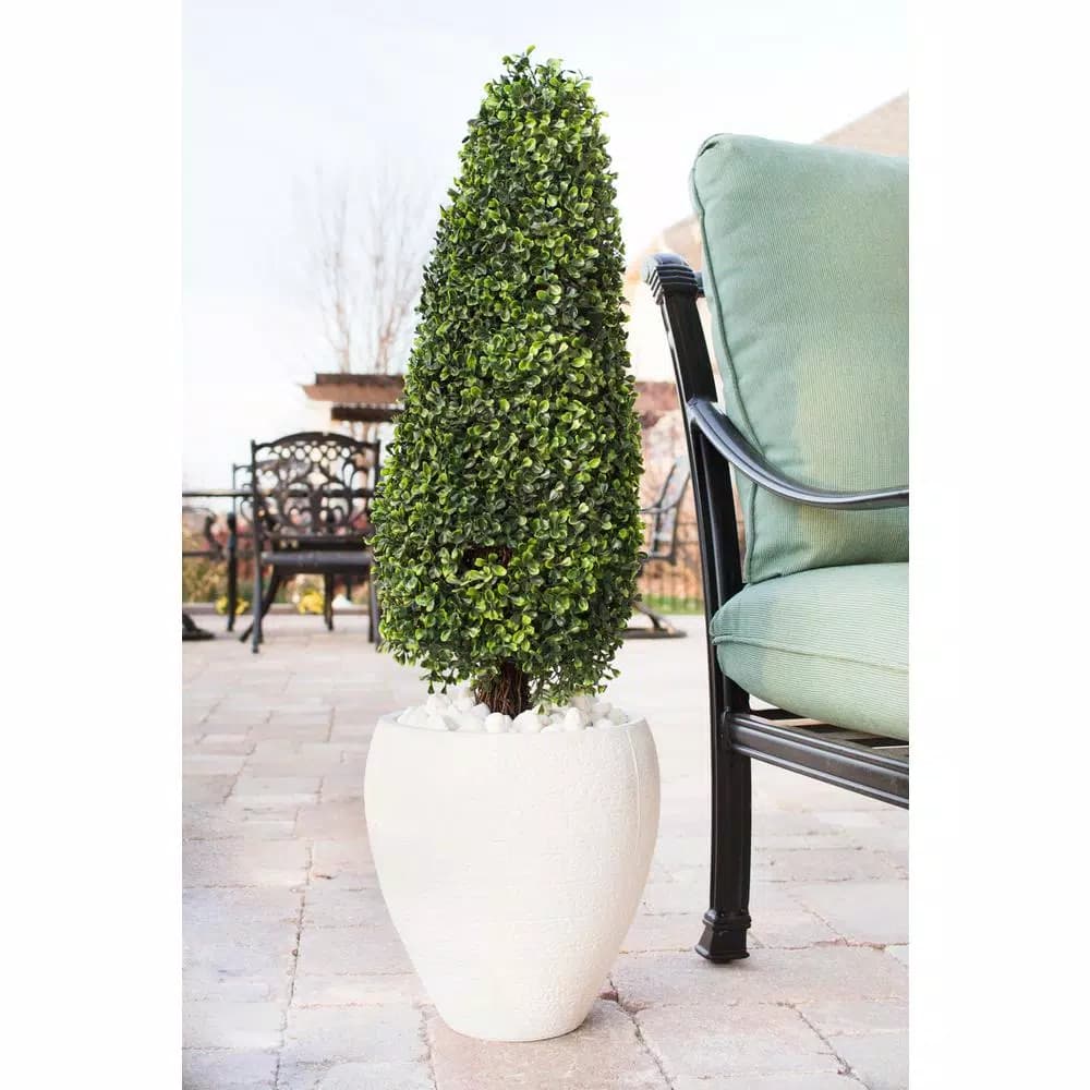 Nearly Natural 41" UV Resistant Artificial Boxwood Topiary in Textured White Planter