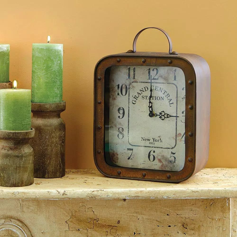 Stonebriar Collection Grand Central Station 14 in. x 10 in. Rustic Metal and Glass Square Tabletop Analog Clock