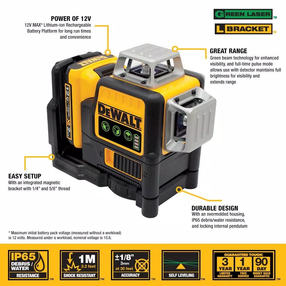 DeWalt 12V MAX Green 360 Degree 3-Beam Self-Leveling Laser Level Kit with 2.0Ah Battery, Charger & Case