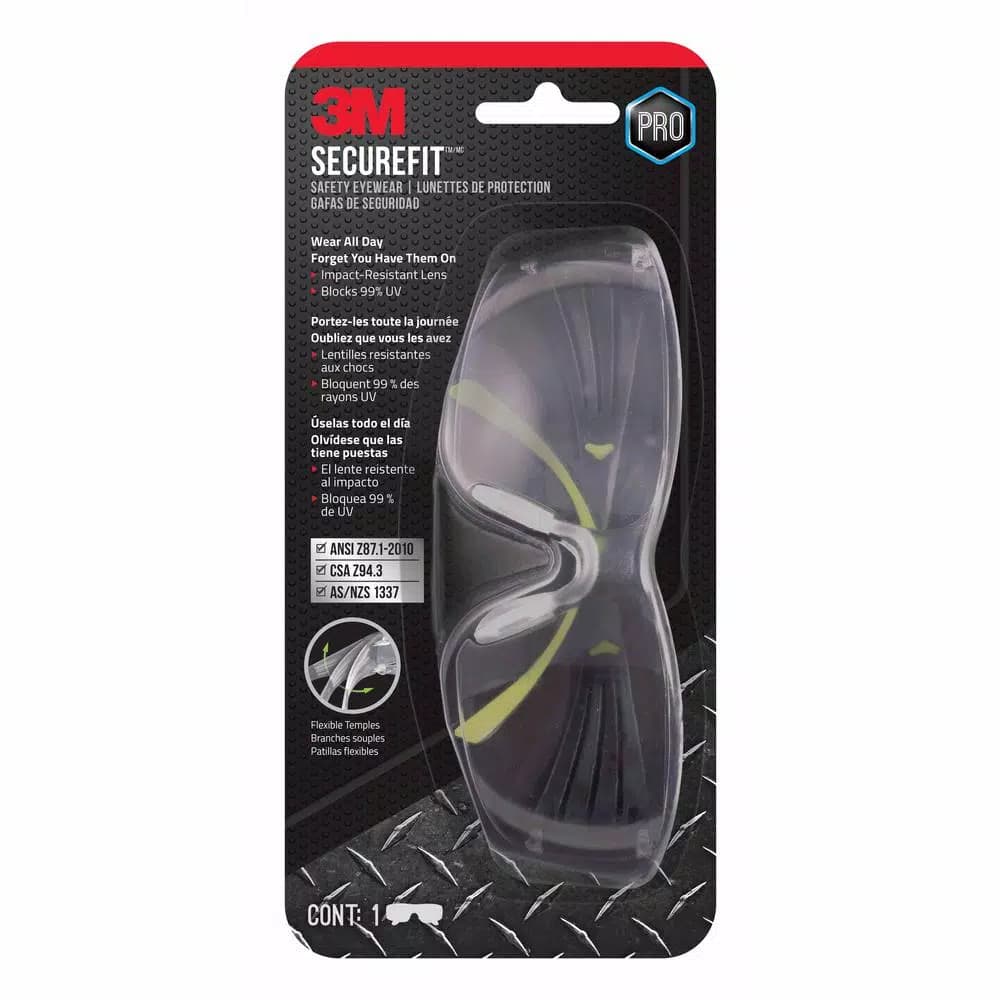 3M SecureFit 400 Series Safety Glasses - Black/Neon Green with Clear Anti-Fog Lenses