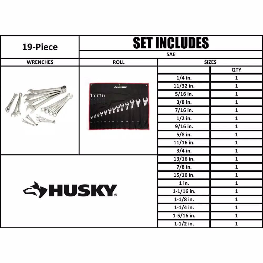 Husky 19-Piece SAE Ratcheting Combination Wrench Set