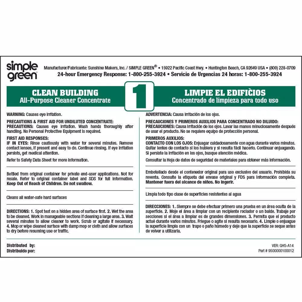 Simple Green Clean Building All-Purpose Cleaner Secondary Labels, Bilingual, 10-Pack