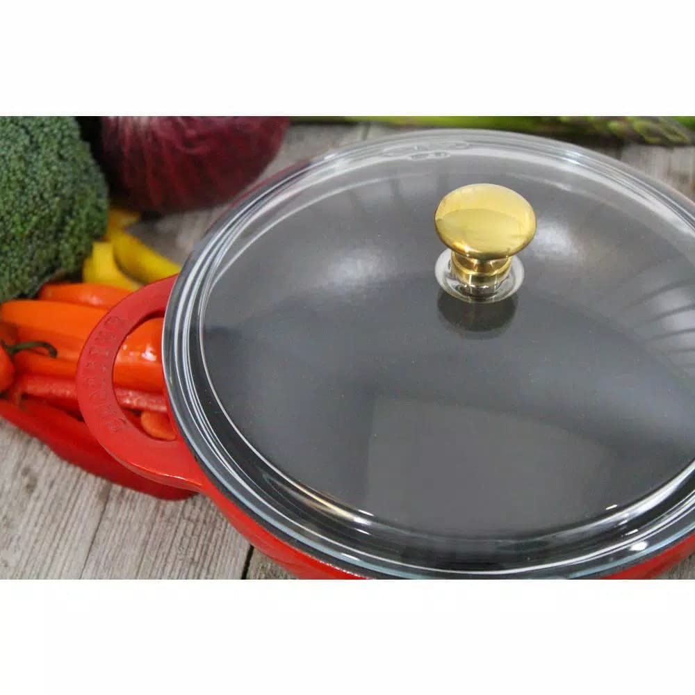 Chasseur 7 in. Red Enameled Cast Iron Mini Wok with Glass Lid