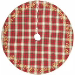 VHC Brands 55 in. Holiday Cherry Red Plaid Cotton Christmas Tree Skirt with Gold Embroidery thumbnail 1