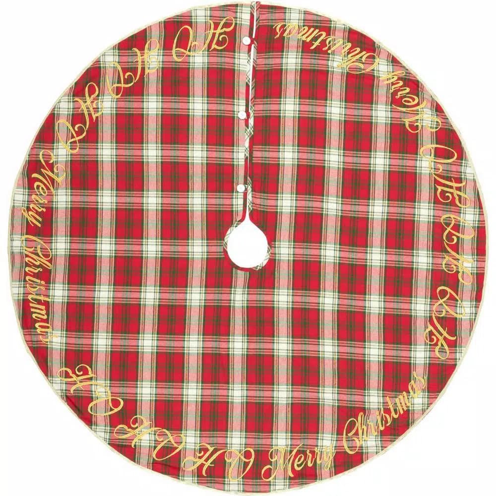 VHC Brands 55 in. Holiday Cherry Red Plaid Cotton Christmas Tree Skirt with Gold Embroidery