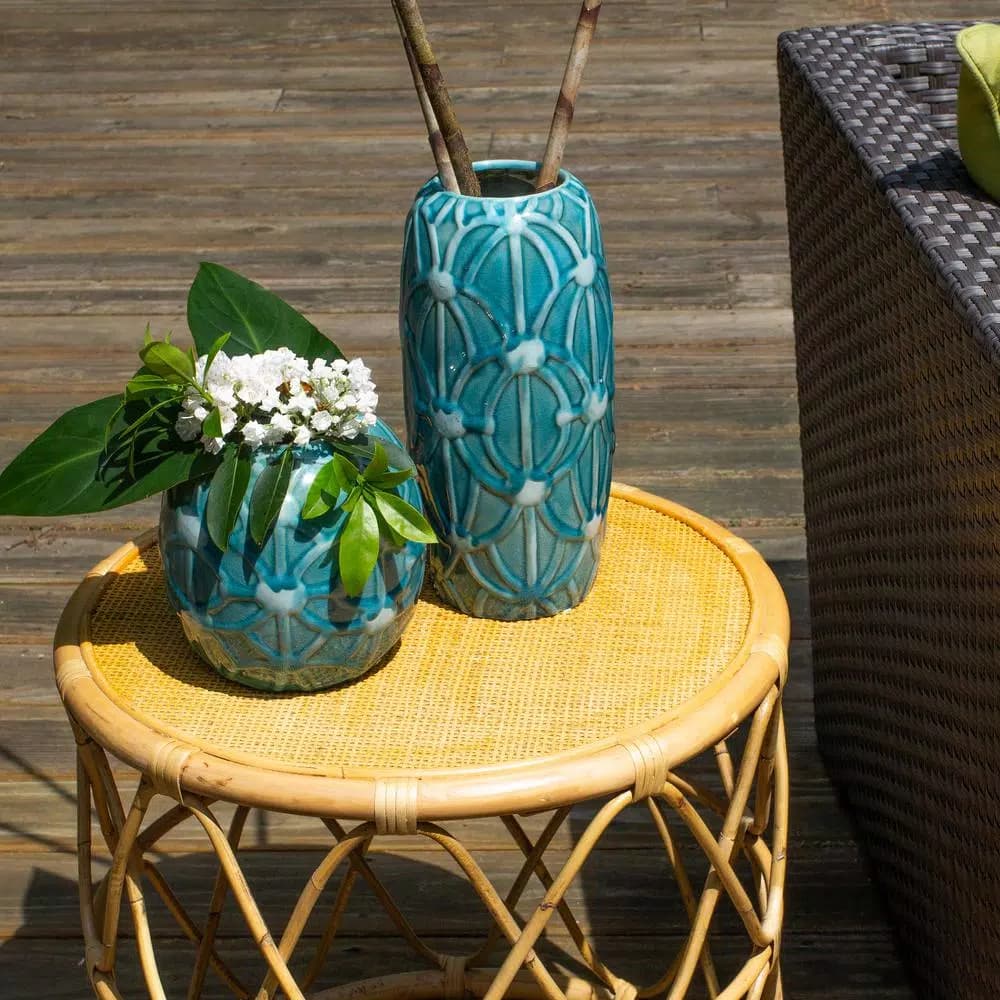Unbranded Grotto Aqua Rope Emboss Round Stoneware Vase - Turquoise Blue