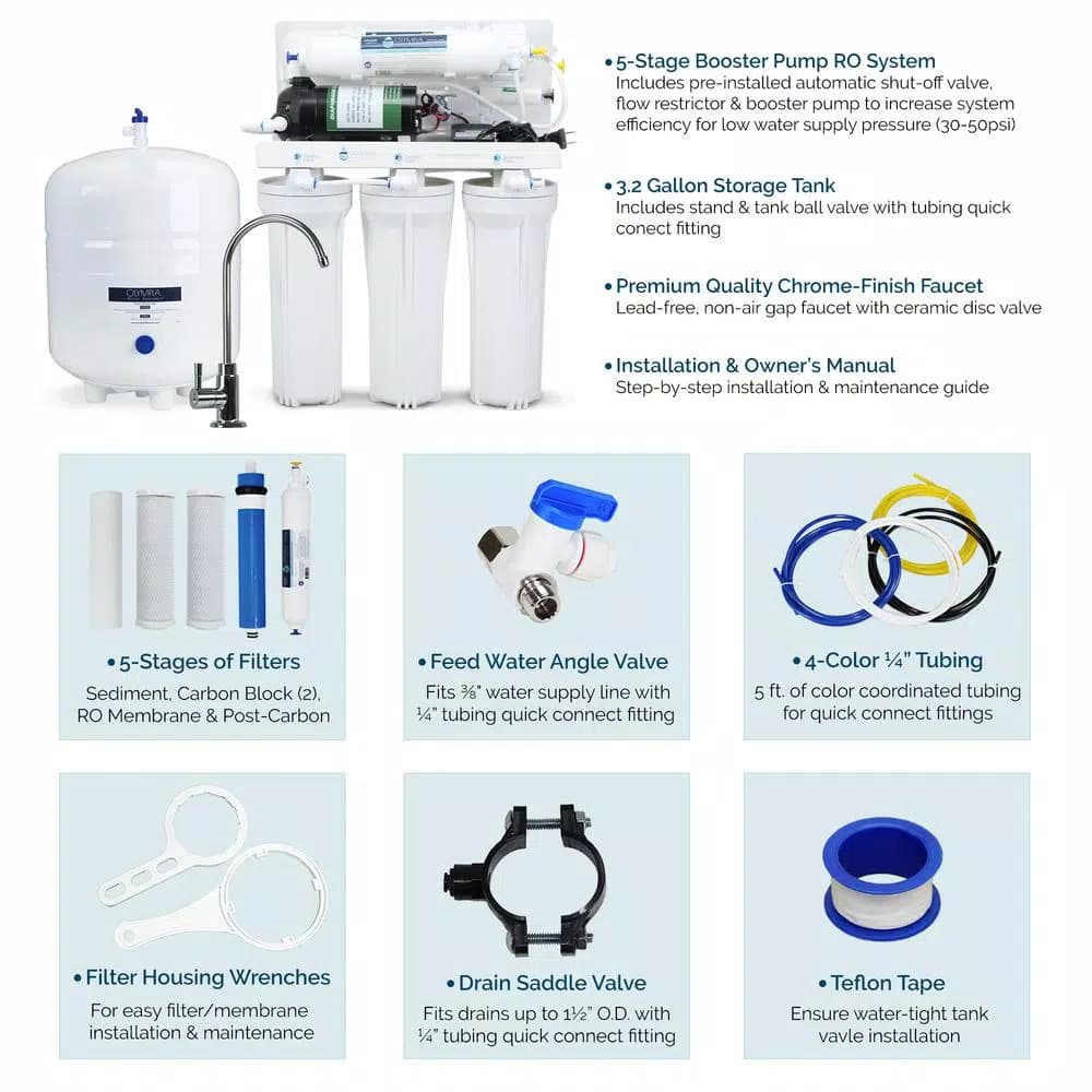 Olympia Water Systems 5-Stage Reverse Osmosis Water Filtration System with Electric Booster Pump