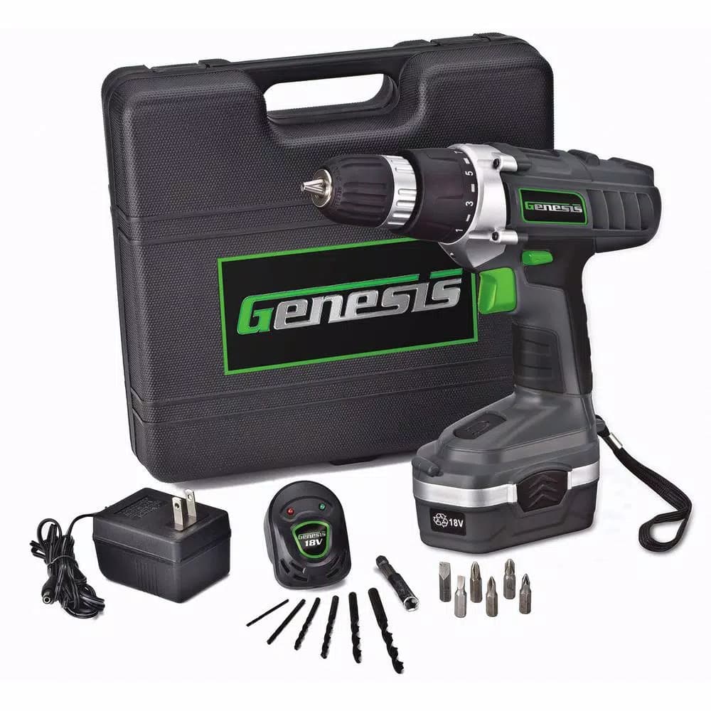 Genesis GCD18BK 18V Cordless Drill Driver Kit with 13-Piece Bit Set and Carrying Case