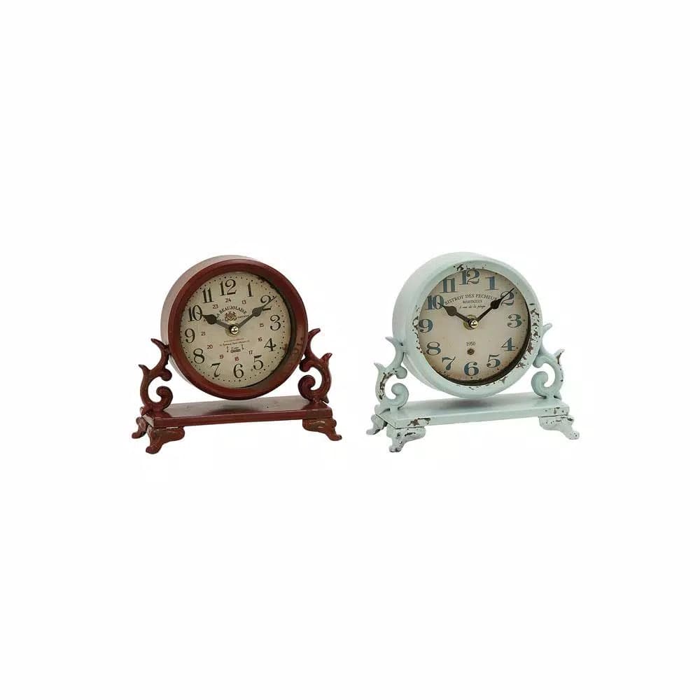 LITTON LANE 7 in. Burgundy Red and Mint Green Round Table Clocks with Scrollwork Base, Set of 2