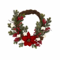 Nearly Natural 19in. Poinsettia with Berries and Cotton Artificial Wreath thumbnail 1
