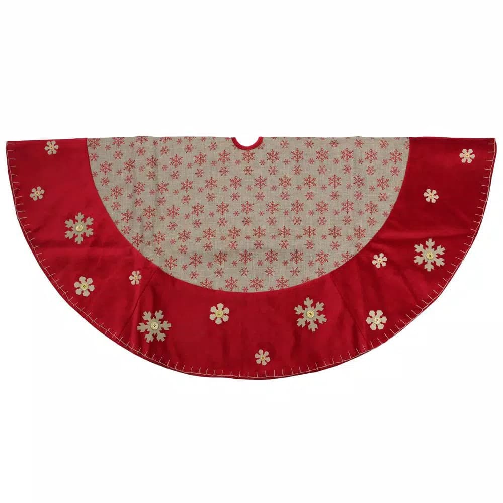 Northlight 60 in. Burlap Glittered Snowflake Christmas Tree Skirt with Red Velvet Trim