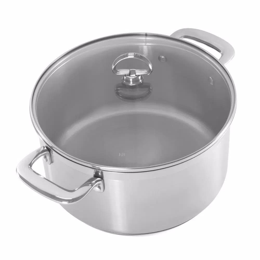 Chantal Induction 21 Steel 6 Qt. Round Stainless Steel Casserole Dish with Glass Lid, Brushed Stainless Steel