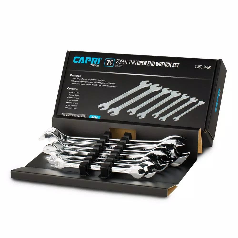 Capri Tools Metric Super-Thin Open End Wrench Set, 7-Piece, Chrome Vanadium Steel