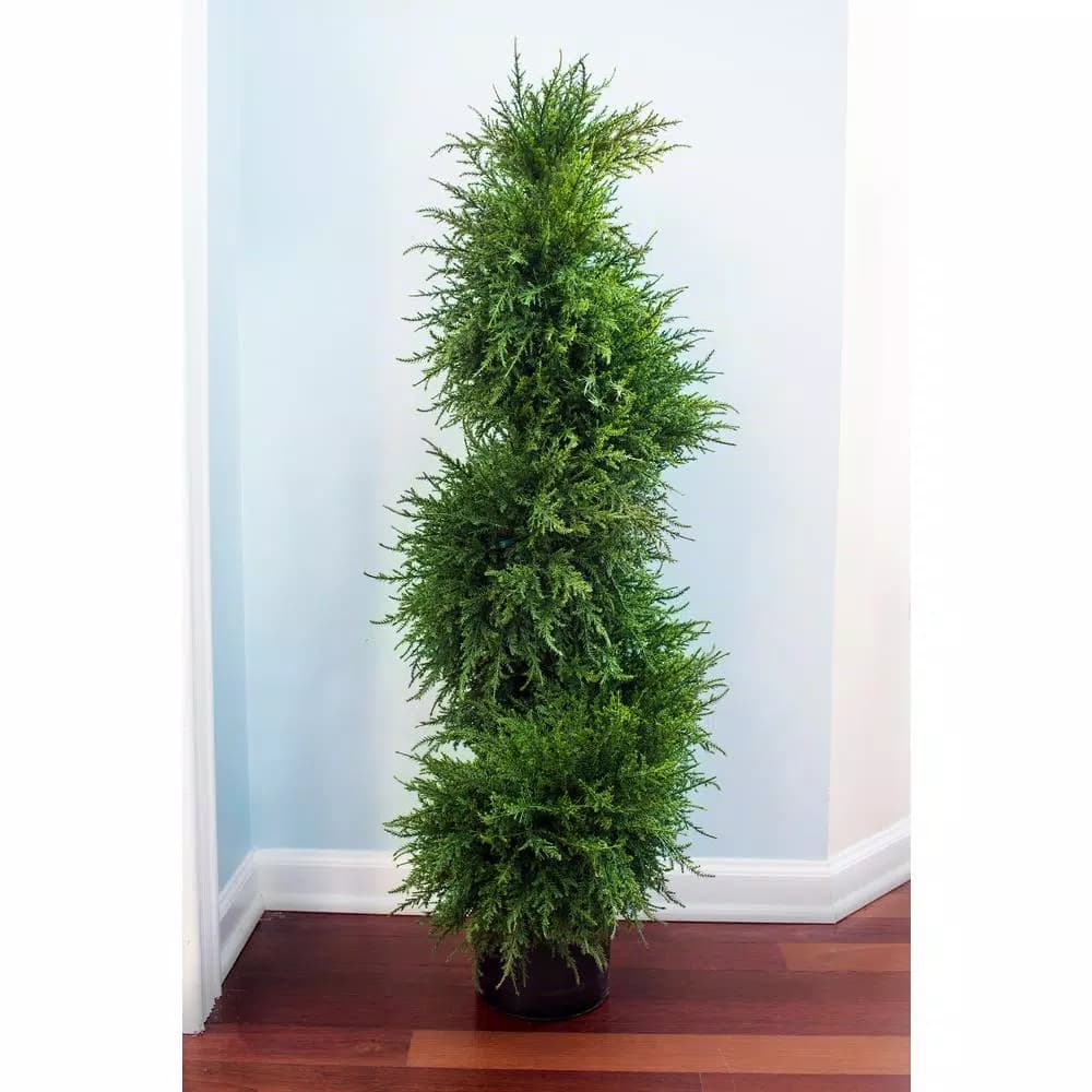 Nearly Natural 43 in. Cedar Spiral Topiary with Lights, Green Artificial Plant in Black Pot