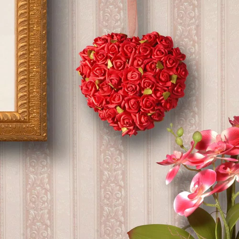 National Tree Company 7 in. Red Rose Heart Fabric Flower Wreath Decoration