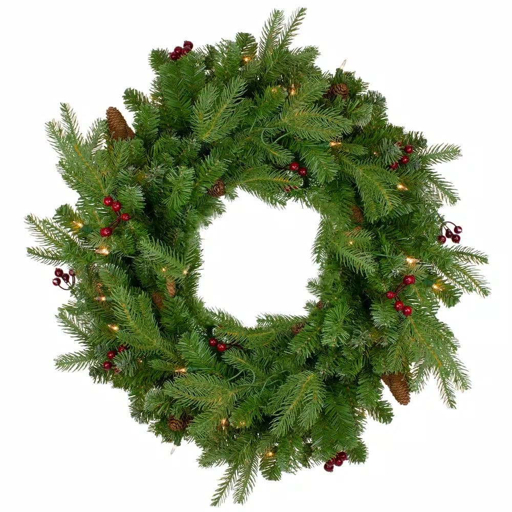 Northlight 24 in. Pre-Lit Mixed Winter Berry Pine Artificial Christmas Wreath with Clear Mini Lights