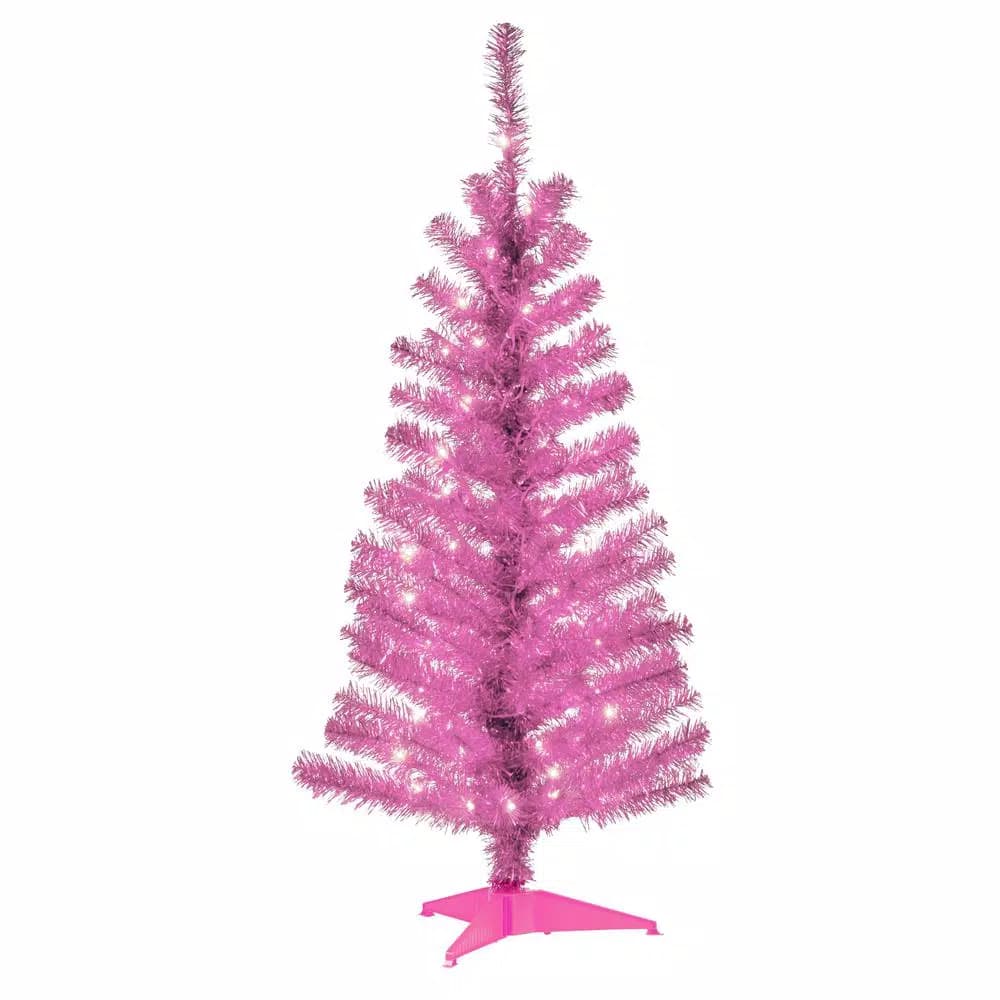 National Tree Company 4 ft. Pink Tinsel Artificial Christmas Tree with 70 Clear Lights