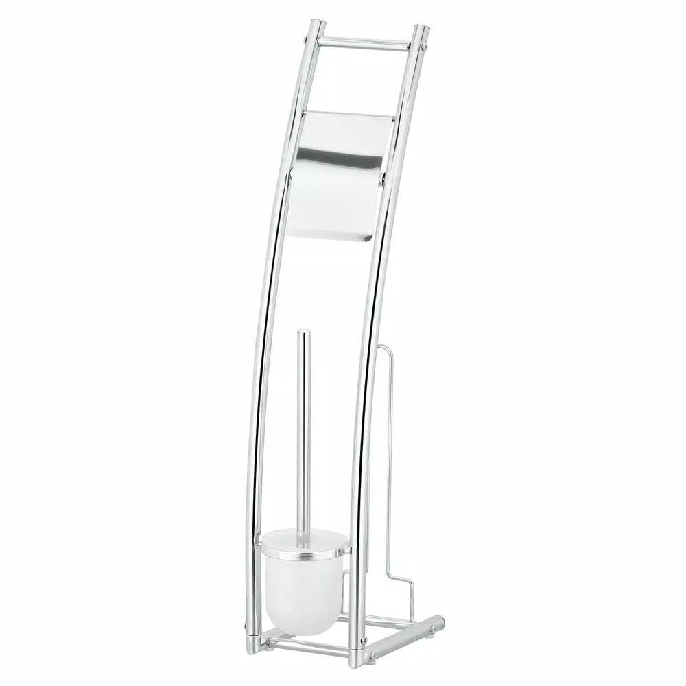 Furinno Wayar Toilet Brush and Paper Holder Stand, 3-in-1 Freestanding Chrome Bathroom Organizer, Silver