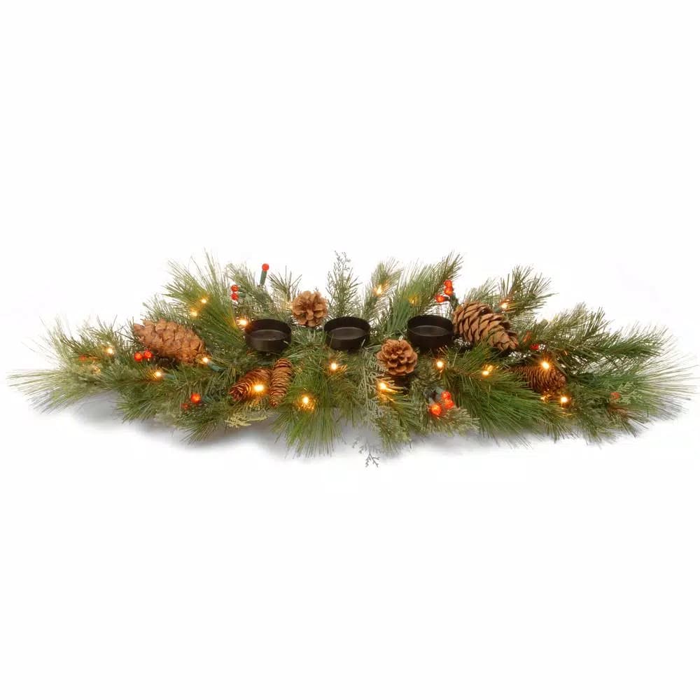 National Tree Company 30 in. White Pine Candle Holder Centerpiece with 45 LED Lights and Red Berries