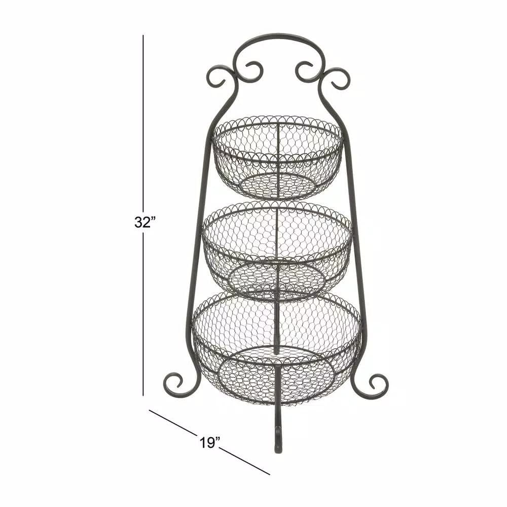 LITTON LANE New Traditional 3-Tier Black Wrought Iron Decorative Basket Tray Stand