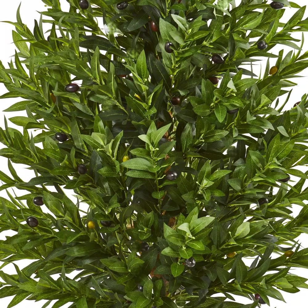Nearly Natural 5-Ft. Artificial Olive Cone Topiary Tree in Farmhouse Wood Planter