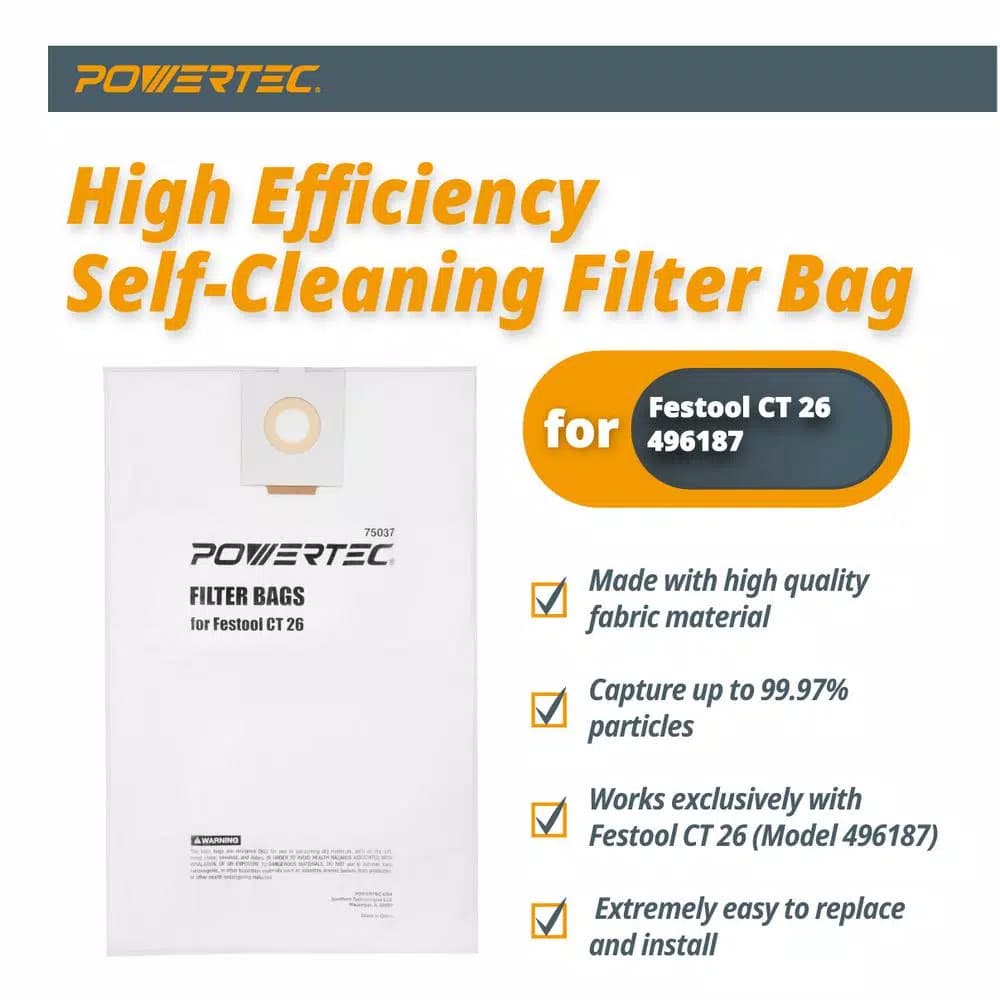POWERTEC Self-Cleaning Filter Replacement Bags for Festool CT 26 (5-Pack)