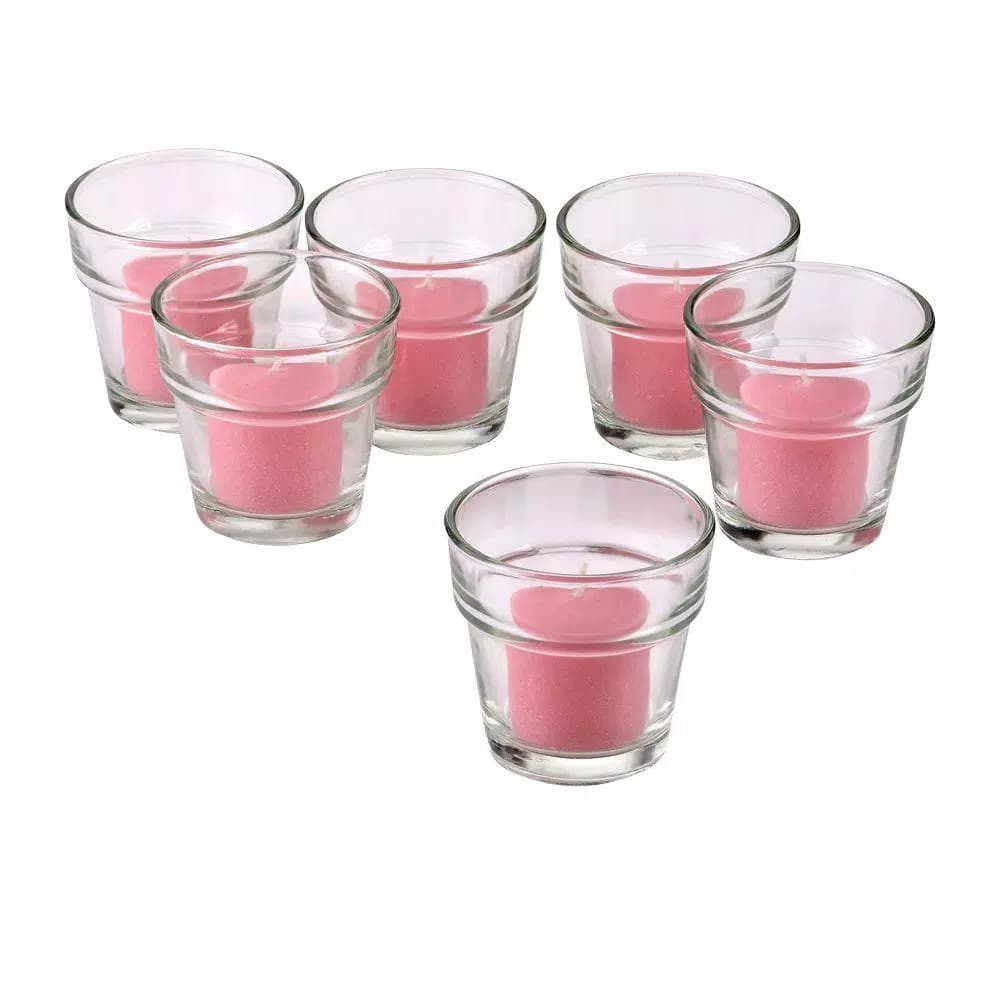Light In The Dark Clear Glass Flower Pot Votive Candle Holders with Soft Pink Votive Candles, Set of 12