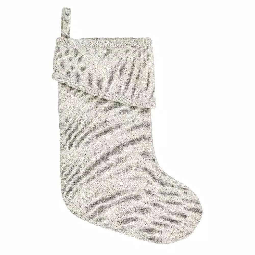 VHC Brands 15 in. Creme Burlap and Silver Metallic Thread Farmhouse Christmas Stocking