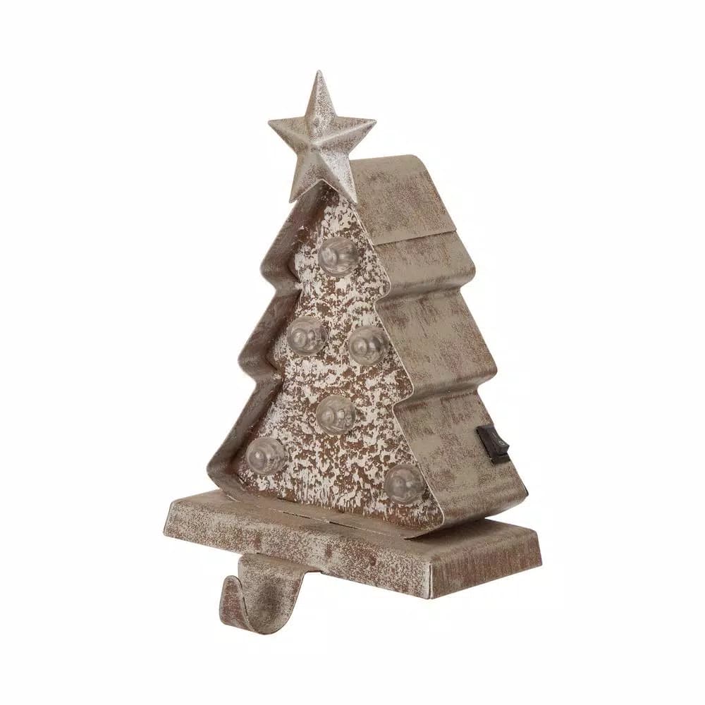Glitzhome 7.5 in. Marquee LED Christmas Tree Stocking Holder - Wooden & Metal Holiday Decor