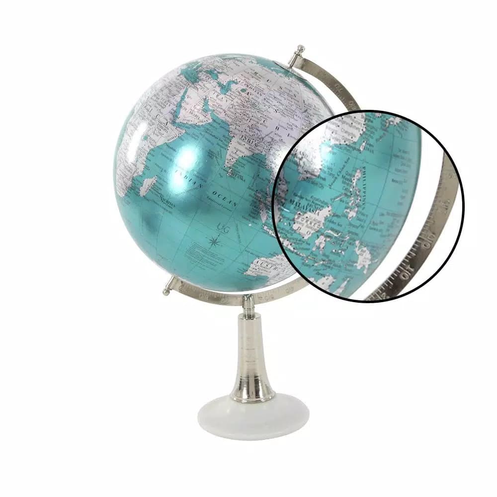 LITTON LANE Modern Reflections 20 in. Cyan and Silver Decorative Tabletop Globe with Marble Base