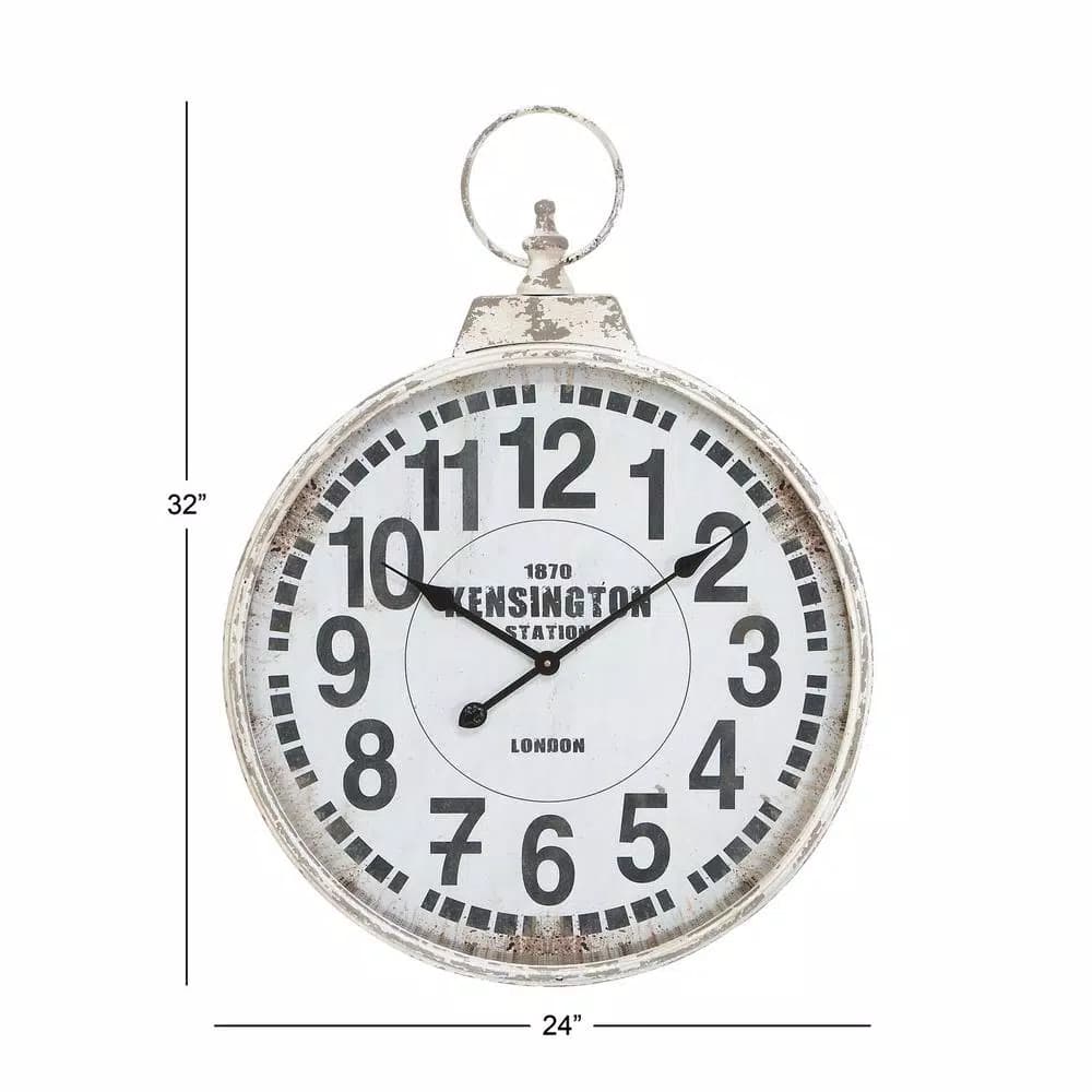 LITTON LANE 32 in. London Inspired Antique Round Wall Clock - Distressed White Metal Farmhouse Decor