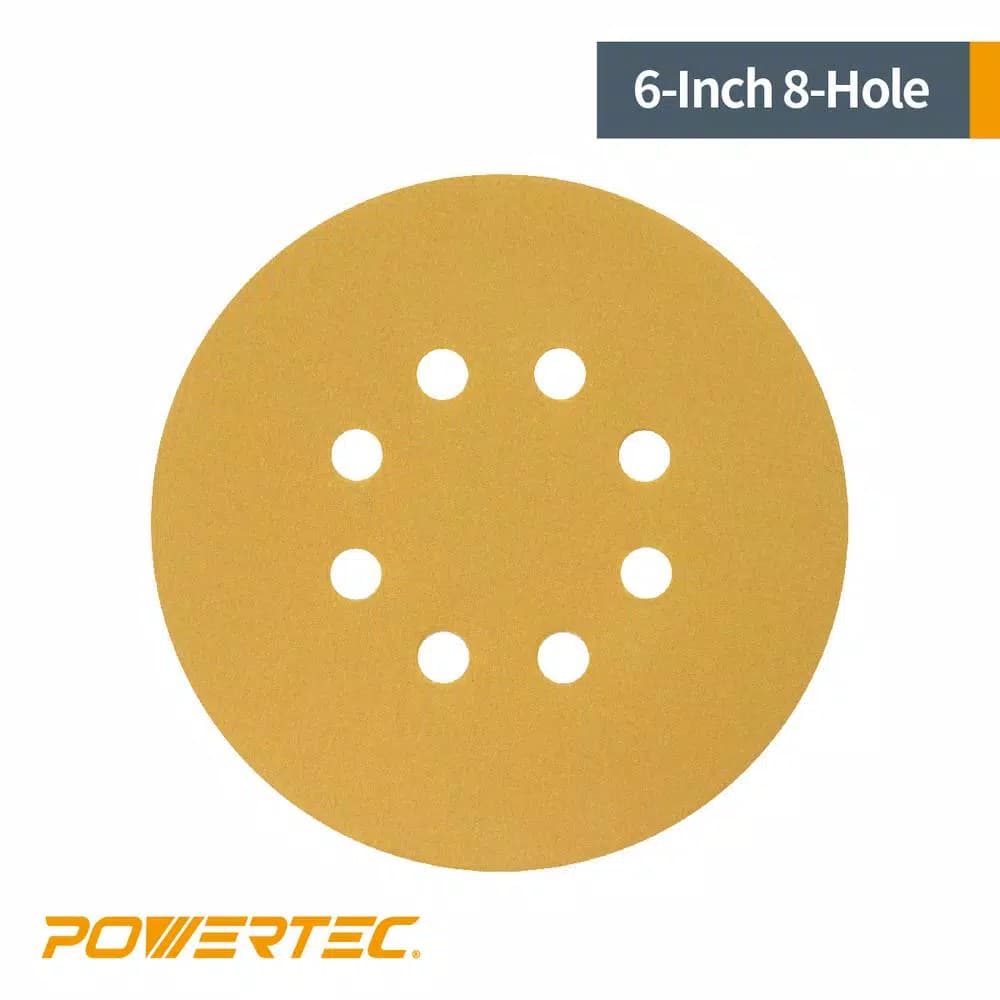 POWERTEC 6 in. 100-Grit Hook and Loop Sanding Discs, 8-Hole, Gold (50-Pack)
