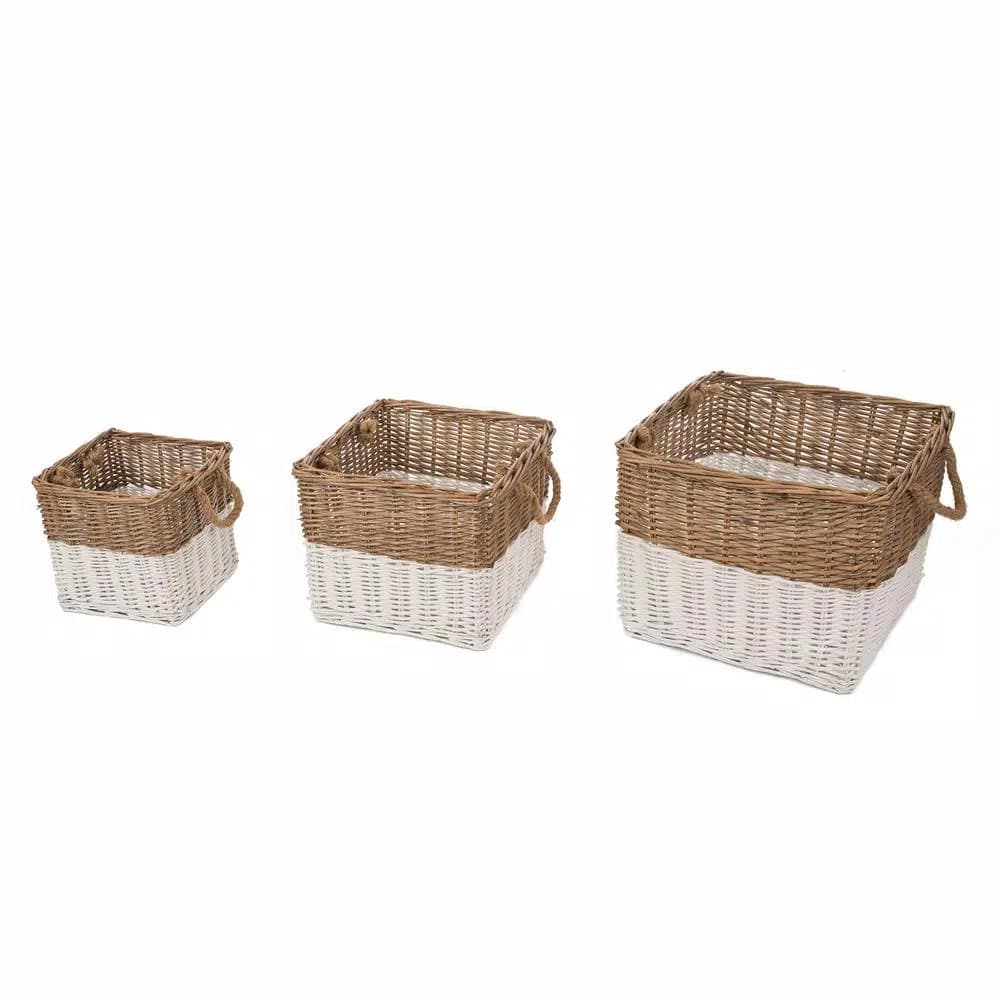 Glitzhome Natural White Square Wicker Willow Baskets, Set of 3 with Rope Handles